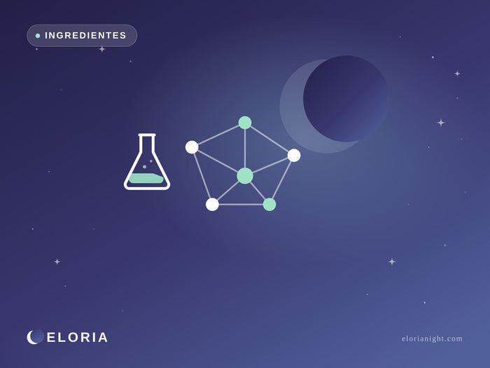 Ilustración nocturna Eloria — matraz y molécula, activos naturales con respaldo científico