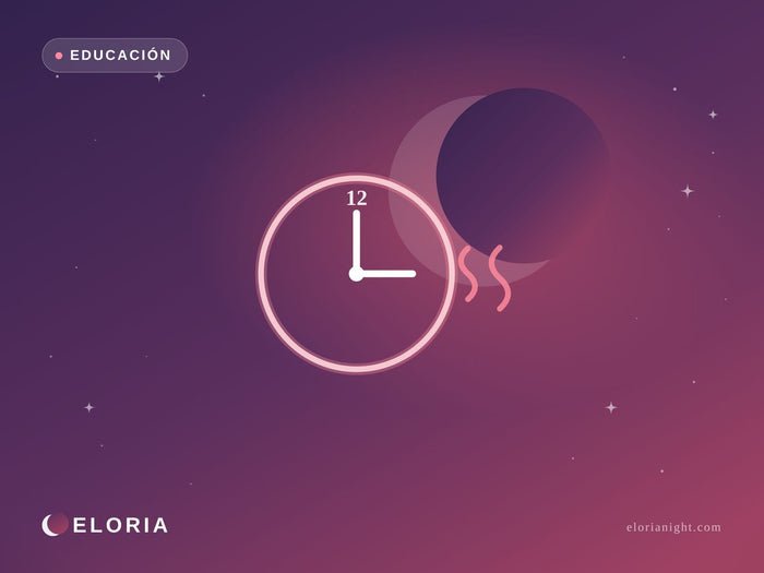 Ilustración nocturna Eloria — reloj a las 3 AM entre estrellas, sofocos nocturnos