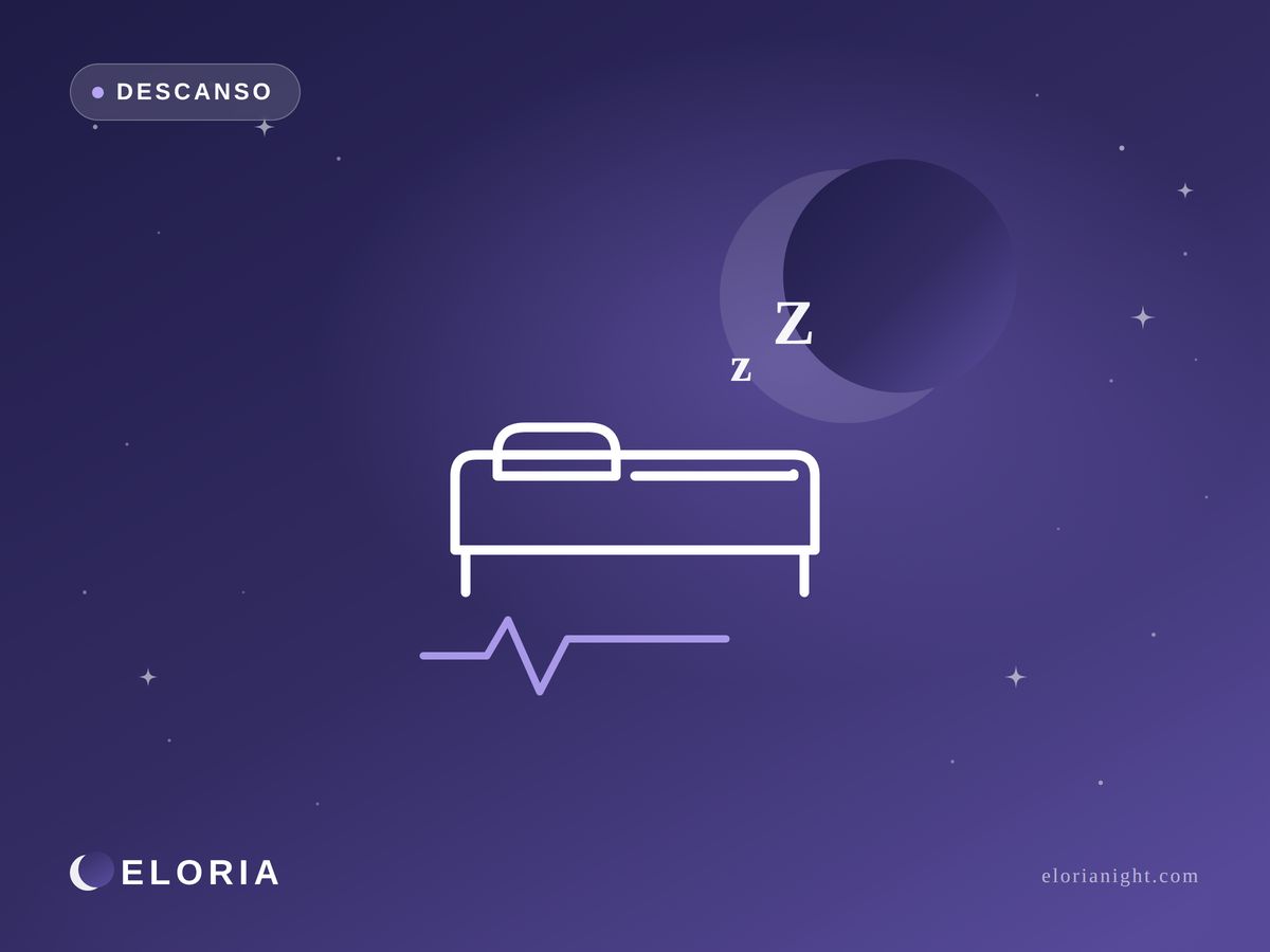 Ilustración nocturna Eloria — cama con luna y zzz, cómo afectan los sofocos al descanso