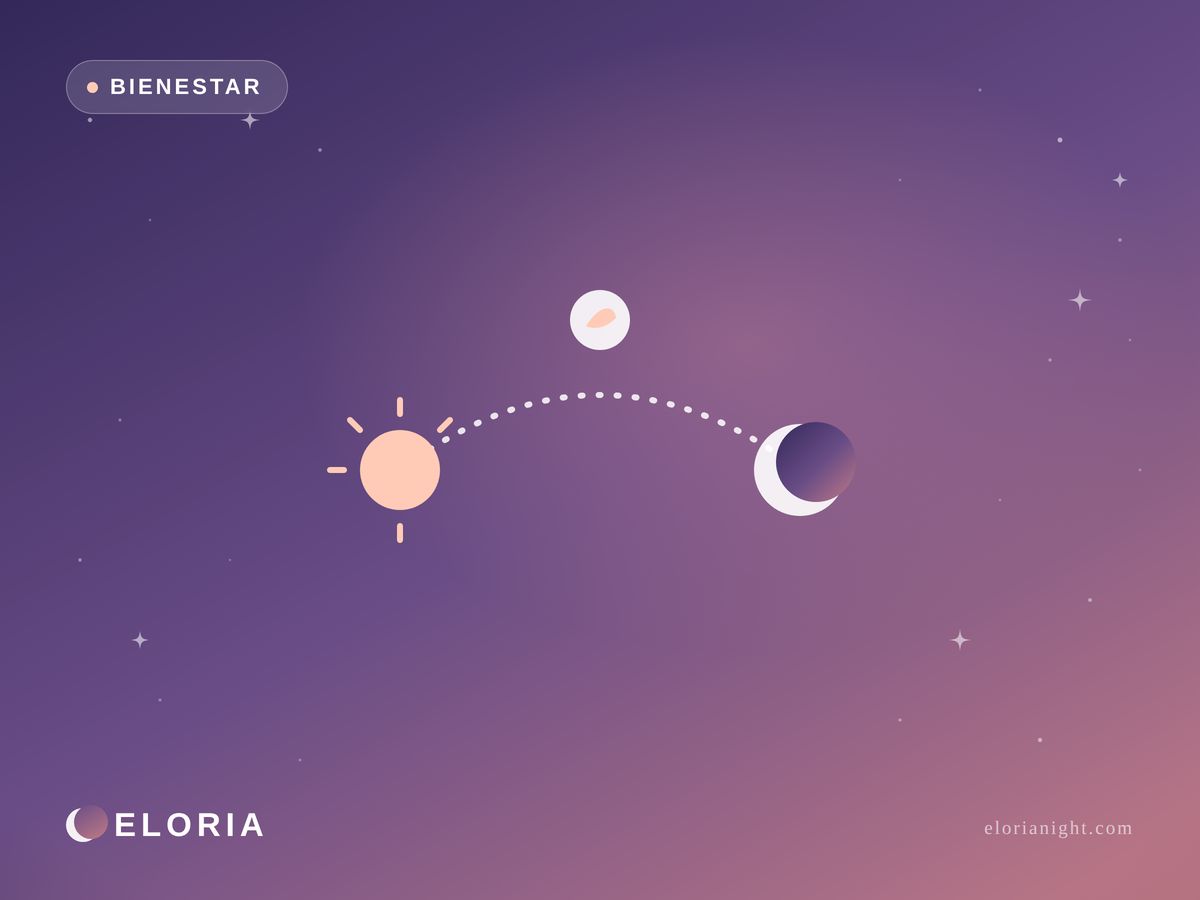 Ilustración nocturna Eloria — transición de sol a luna, cuándo empezar a cuidar el descanso