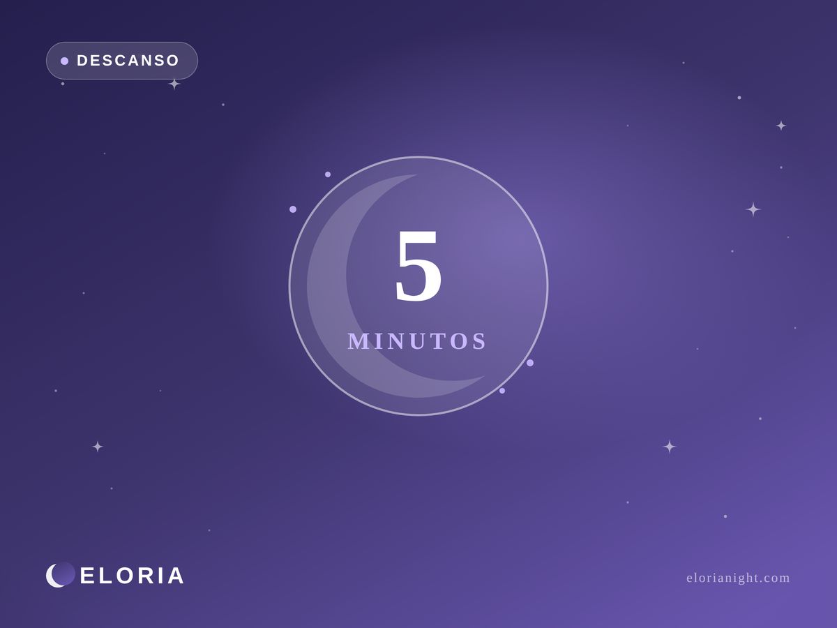 Ilustración nocturna Eloria — luna con '5 minutos', ritual nocturno para dormir